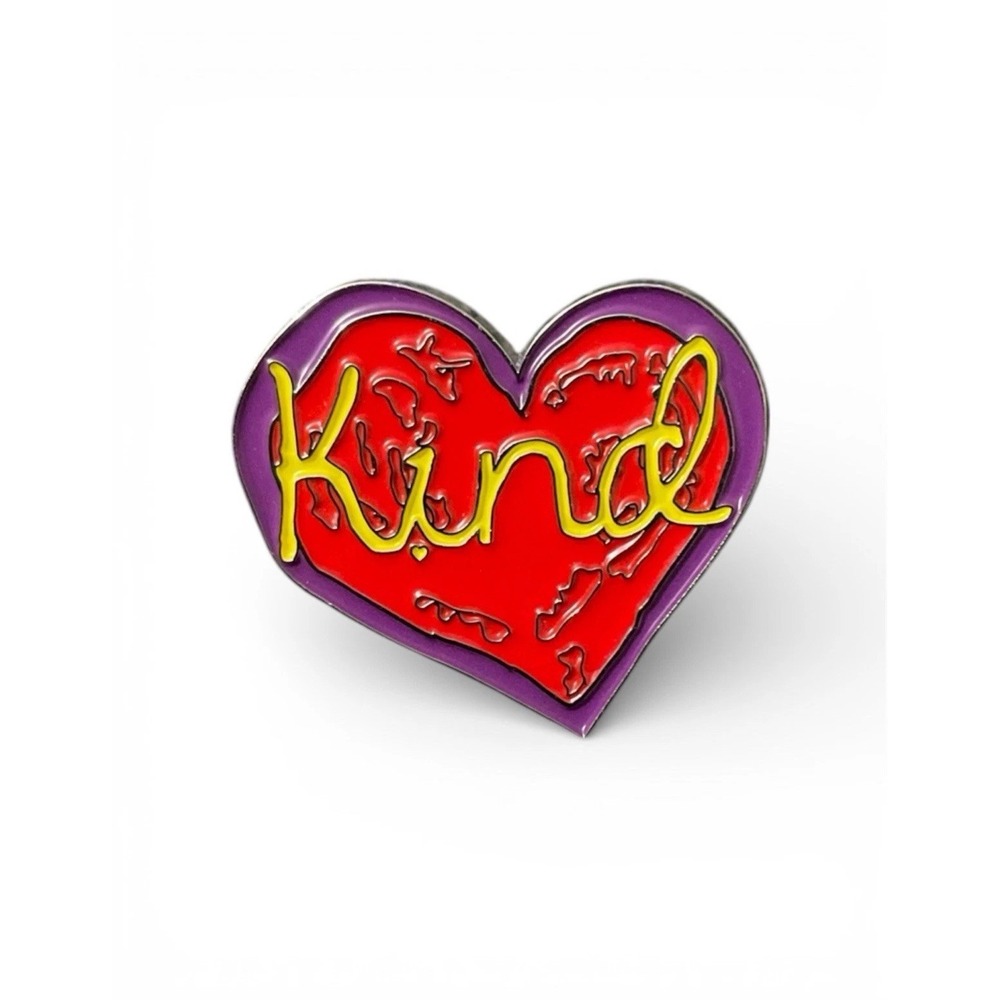 Penzeys Kind Pin Pinback Heart Enamel Brooch Red Purple Yellow Heart Pin